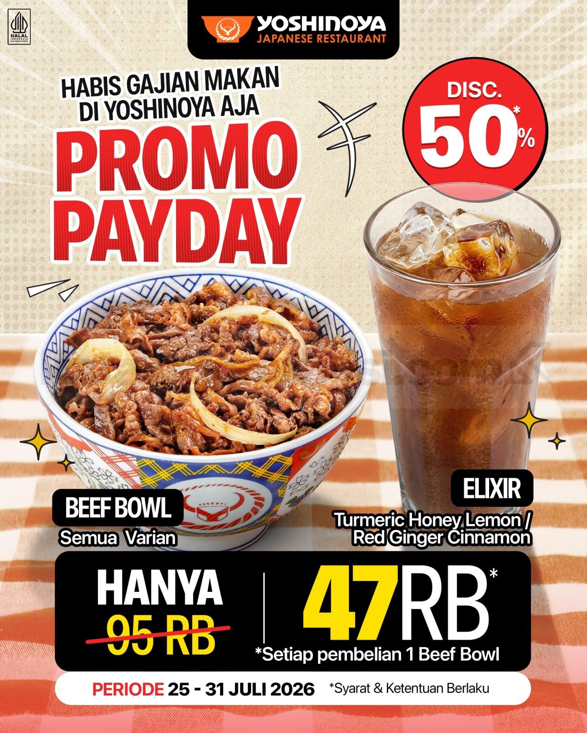 Promo Yoshinoya Payday Disc. 50% Beef Bowl & Elixir