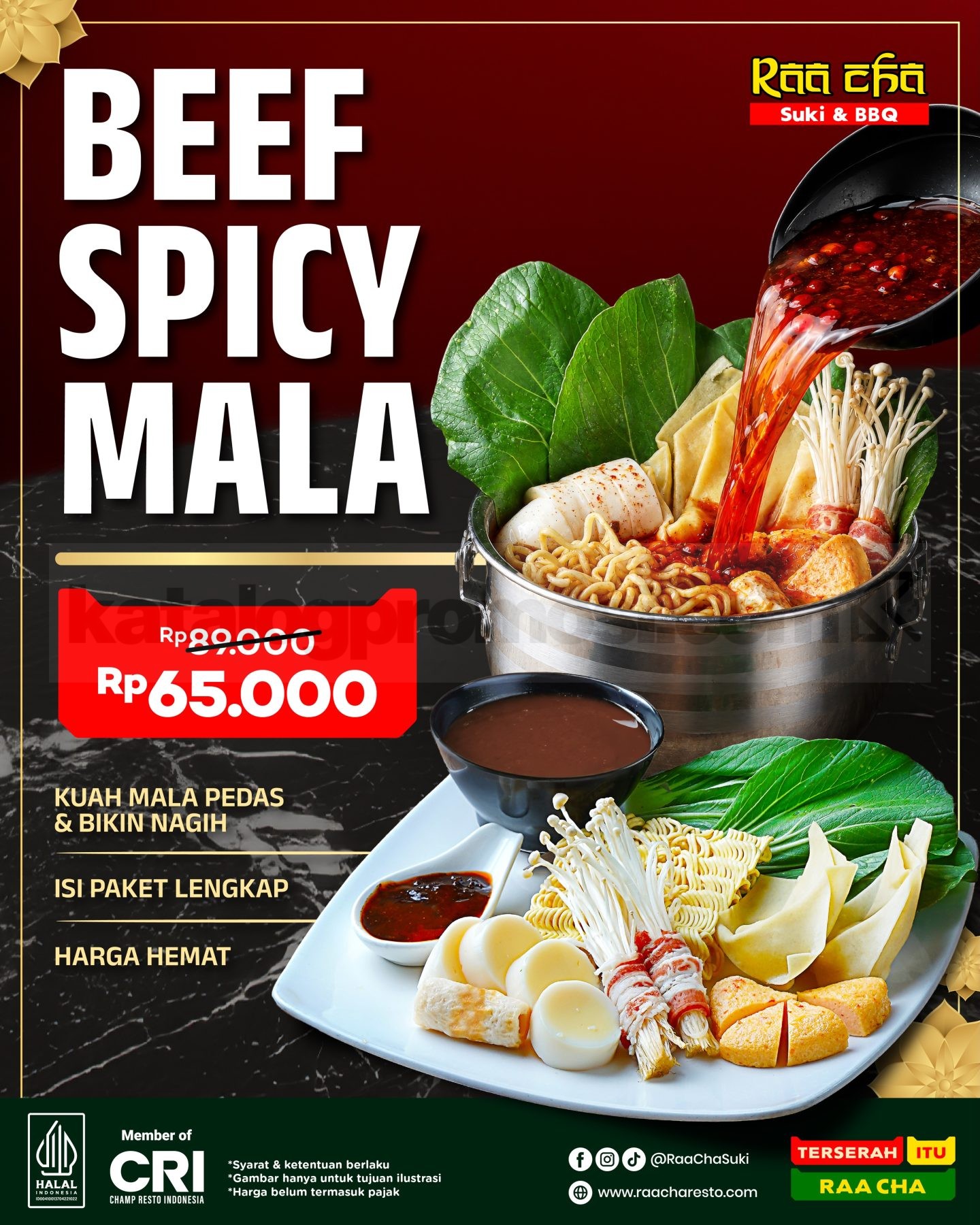 Promo Raa Cha Beef Spicy Mala Mulai Rp65 Ribuan Promo Raa Cha Beef Spicy Mala mulai Rp65 ribuan dengan kuah mala pedas dan isian lengkap.