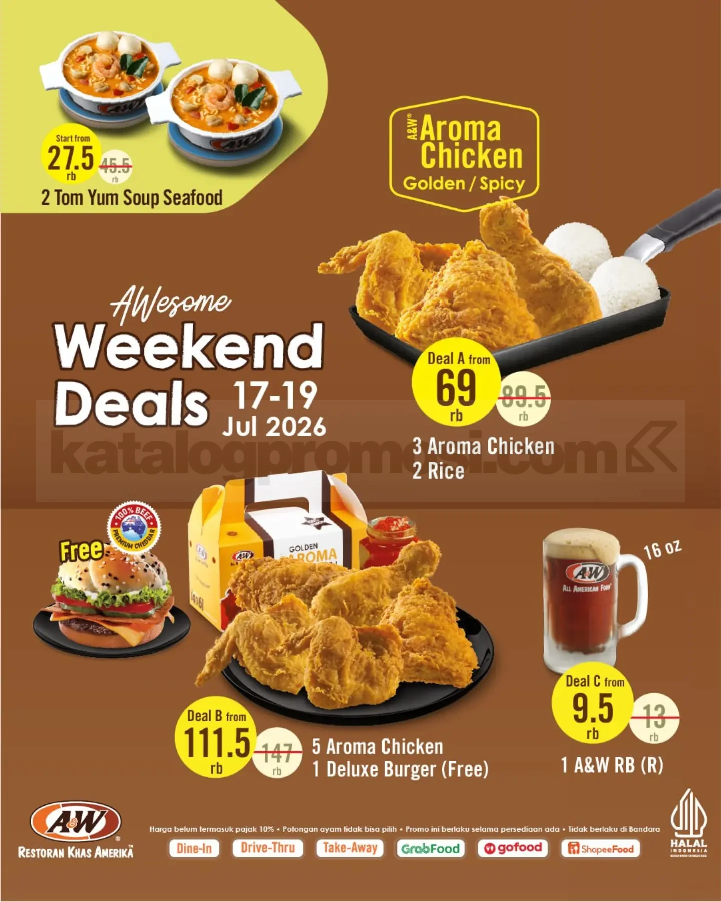 Promo A&W Awesome Weekend Deals Menu mulai Rp. 27.500 Promo A&W Awesome Weekend Deals Menu mulai Rp. 27.500 dengan paket Aroma Chicken dan Tom Yum periode 17–19 Juli 2026.
