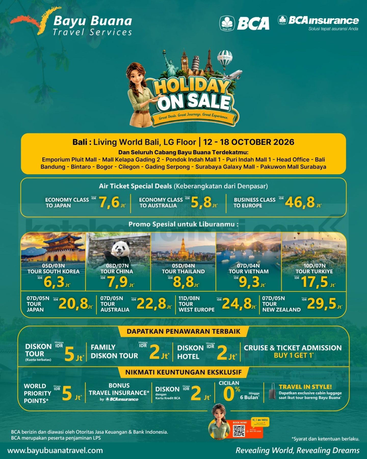 Bayu Buana Holiday on Sale Bali, Diskon Tour hingga Rp5 Juta Bayu Buana Holiday on Sale Bali 12–18 Oktober 2026 di Living World Bali dengan diskon tour hingga Rp5 juta dan tiket pesawat mulai Rp5,8 jutaan.