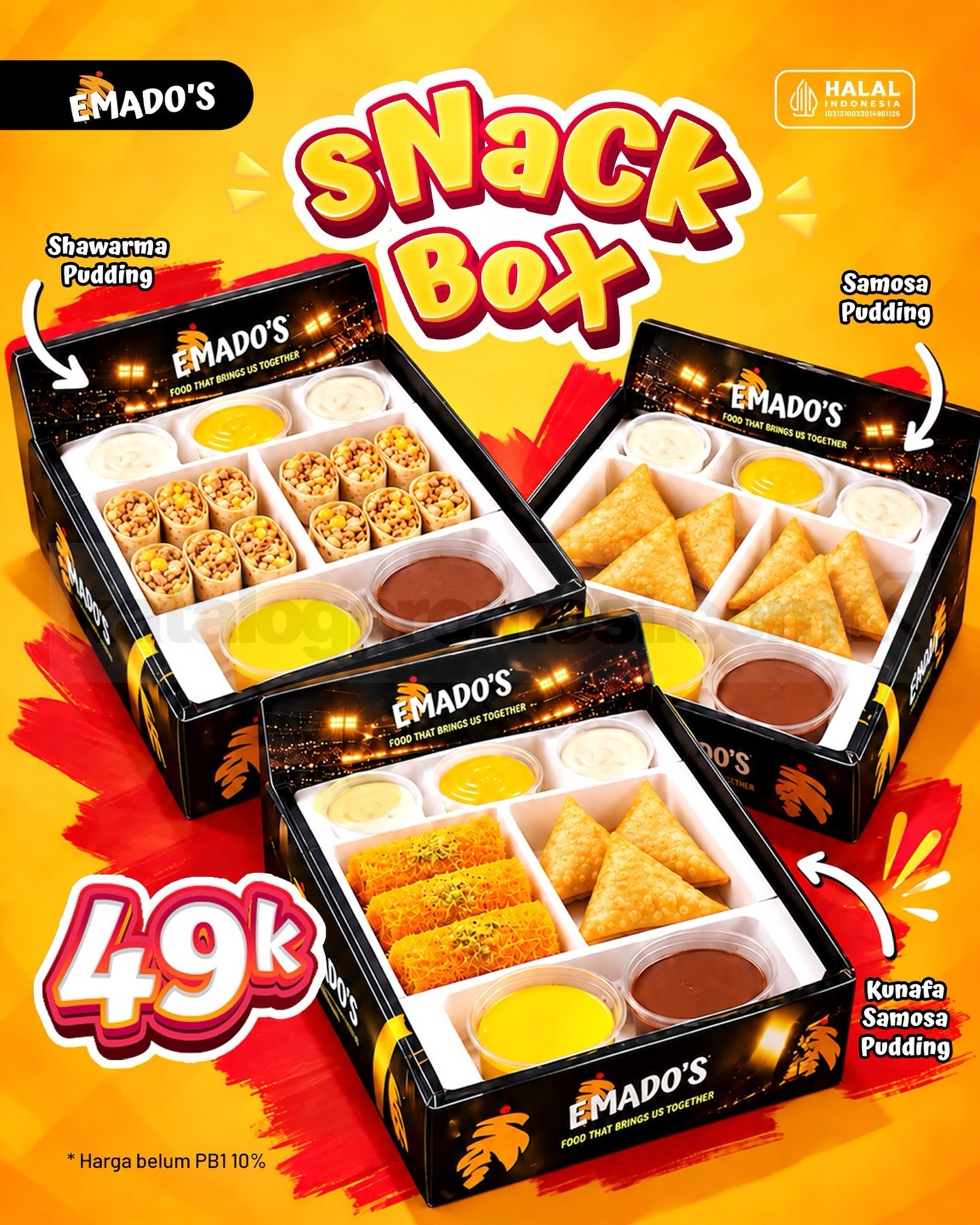 Promo EMADO’S Snack Box Mulai Rp49.000 Promo EMADO’S Snack Box Rp49.000 dengan tiga camilan dan tiga saus signature