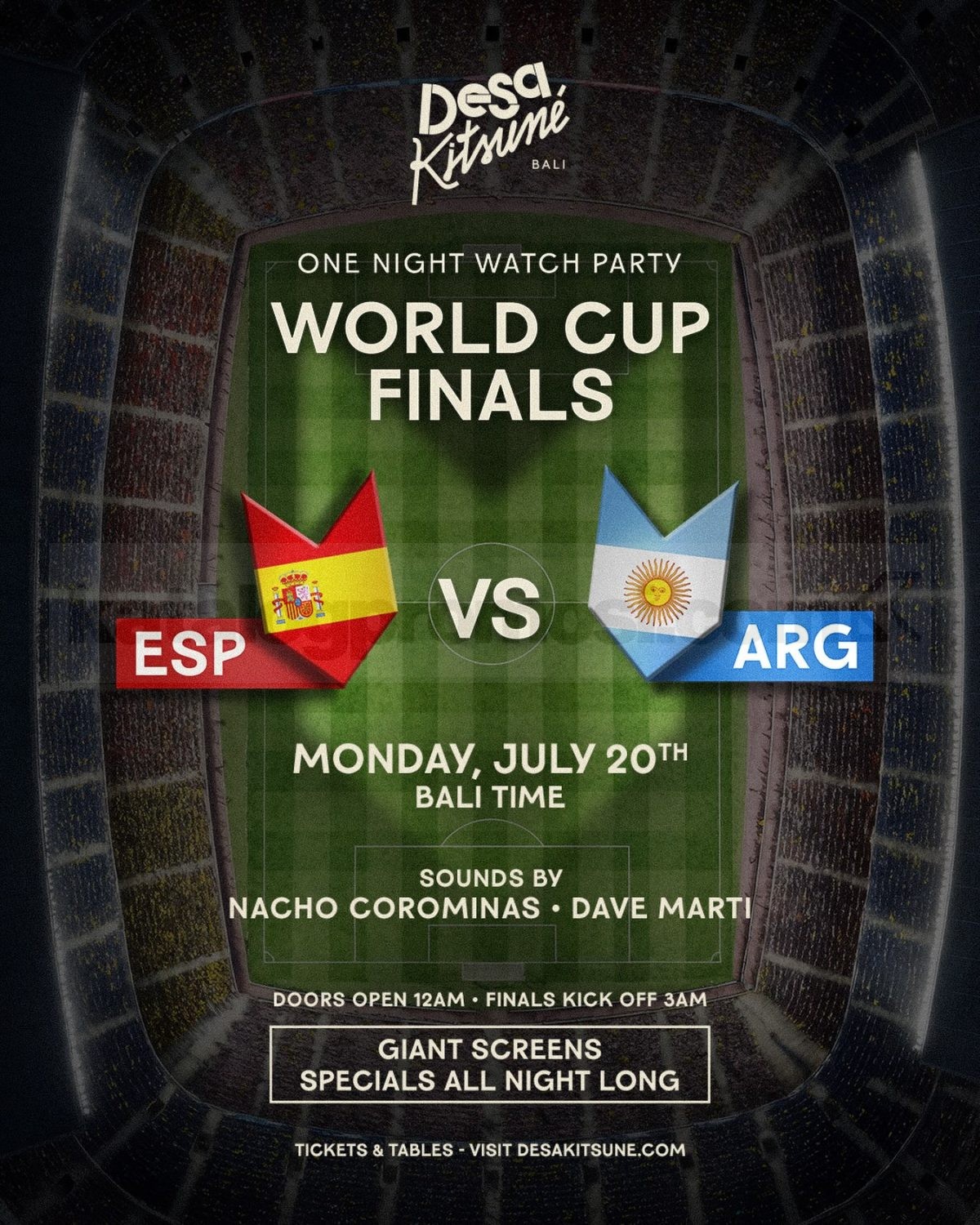 Desa Kitsuné Bali One Night Watch Party – World Cup Finals Desa Kitsuné Bali One Night Watch Party – World Cup Finals dengan giant screens untuk laga Spanyol vs Argentina.