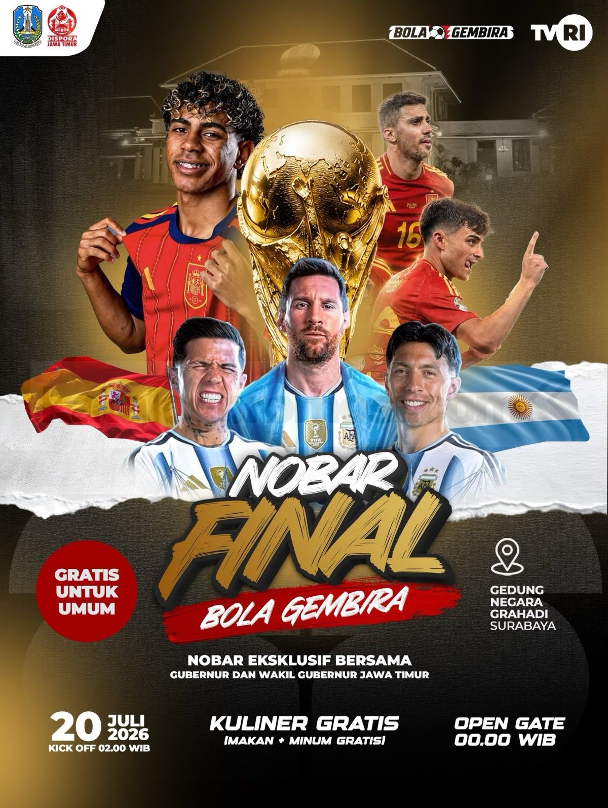 Nobar Final Bola Gembira di Gedung Negara Grahadi Surabaya Nobar Final Bola Gembira di Gedung Negara Grahadi Surabaya pada 20 Juli 2026 dengan nobar gratis, kuliner gratis, dan doorprize.
