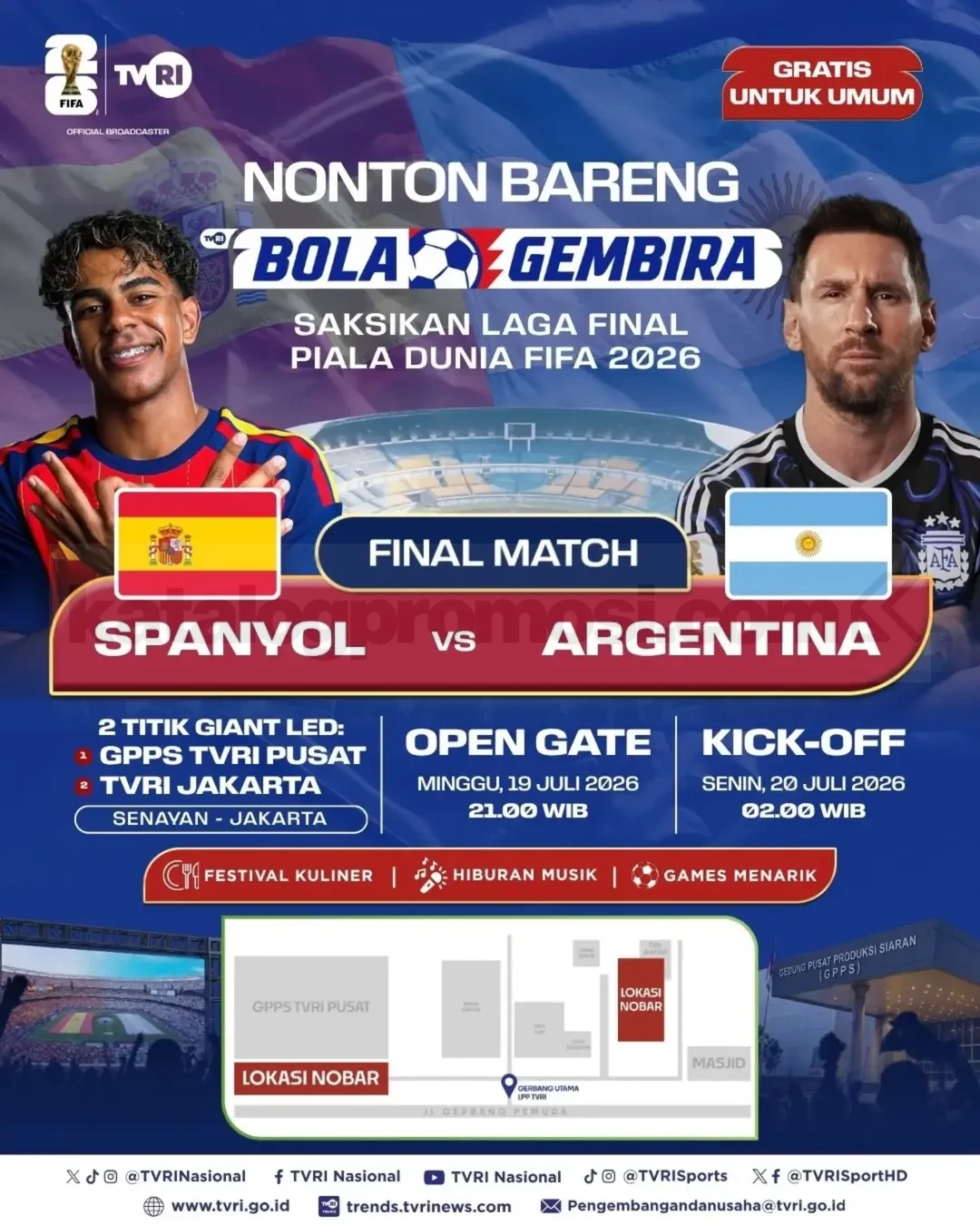 Nonton Bareng Bola Gembira Final Piala Dunia 2026 di TVRI Jakarta Nonton Bareng Bola Gembira Final Piala Dunia 2026 di TVRI Jakarta dengan laga Spanyol vs Argentina.