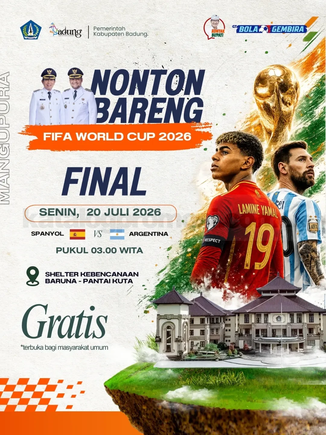 Nonton Bareng Final FIFA World Cup 2026 di Pantai Kuta Nonton Bareng Final FIFA World Cup 2026 di Pantai Kuta dengan free entry di Shelter Kebencanaan Baruna.
