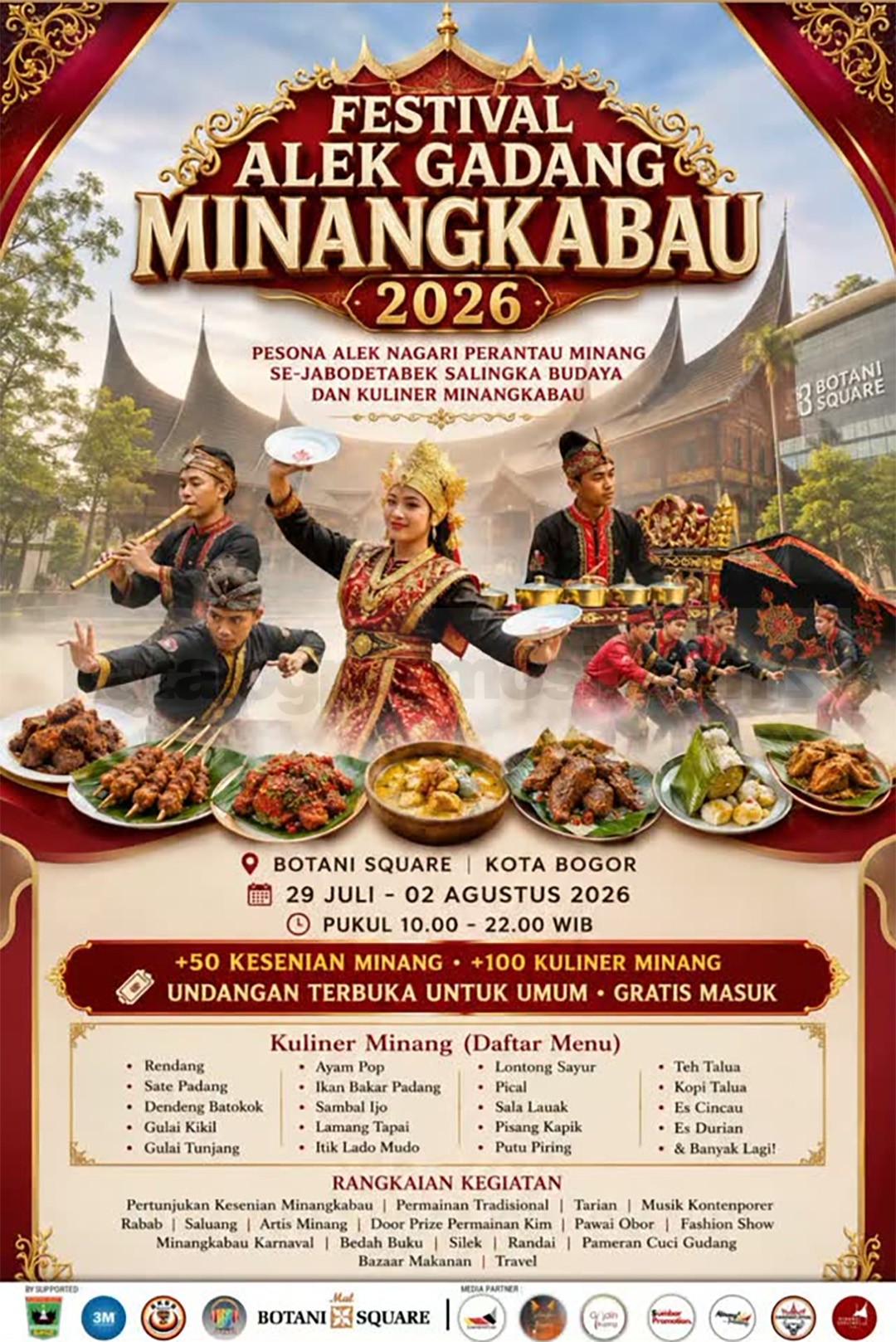 Festival Alek Gadang Minangkabau 2026 di Botani Square Bogor Festival Alek Gadang Minangkabau 2026 di Botani Square Bogor dengan lebih dari 100 kuliner khas Minang.