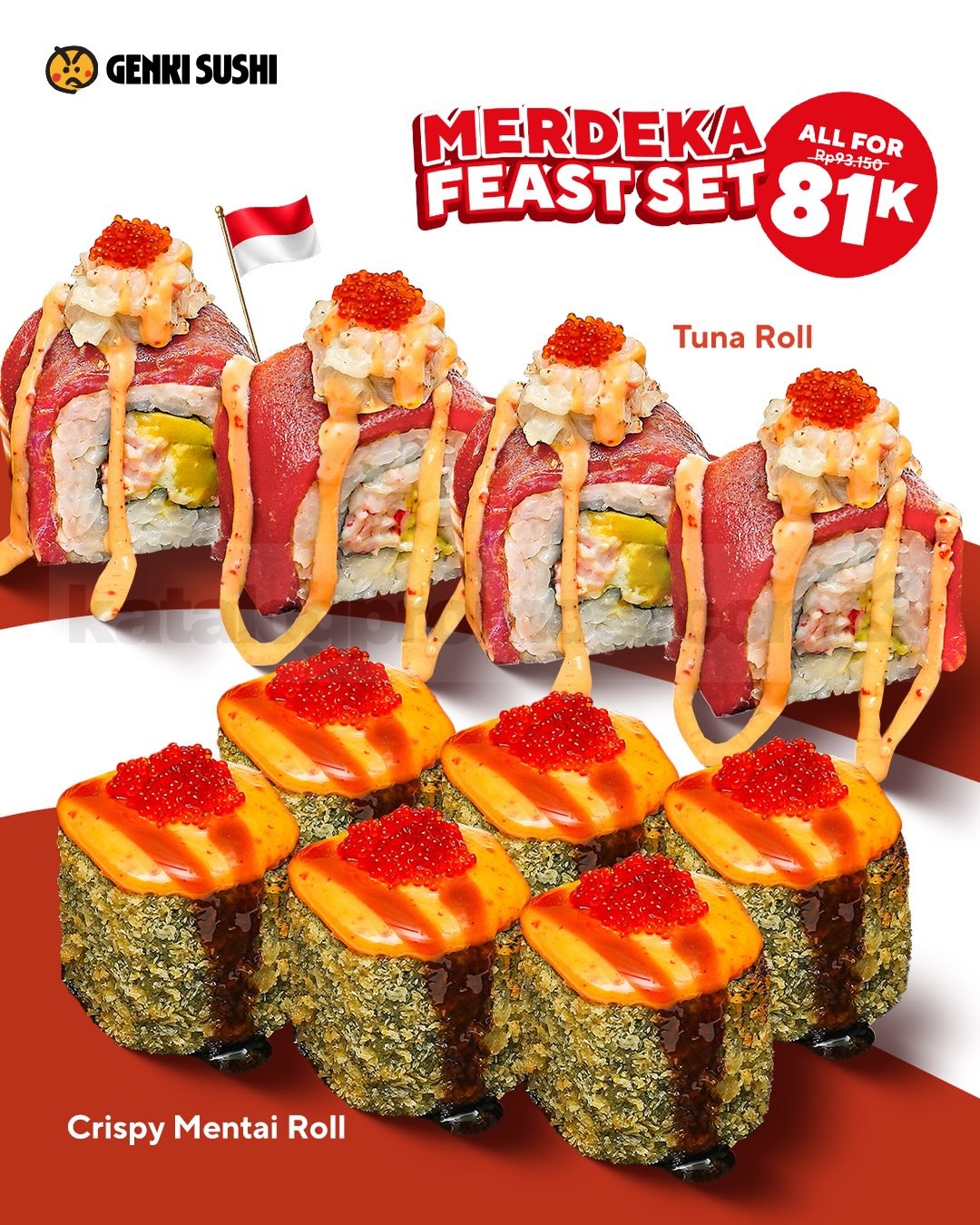 Promo Genki Sushi Merdeka Feast Set Rp. 81.000 Promo Genki Sushi Merdeka Feast Set Rp. 81.000 dengan Tuna Roll, Crispy Mentai Roll dan Kani Salad