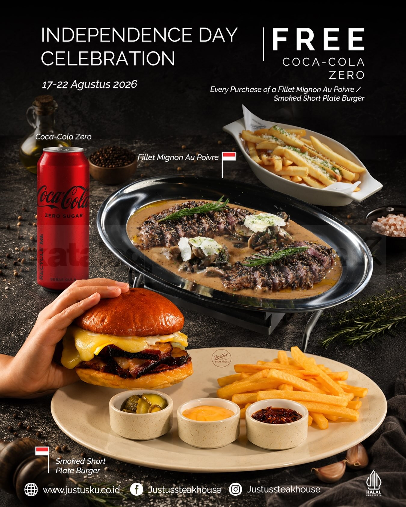 Promo Justus Steakhouse Merdeka Free Coke Zero Promo Justus Steakhouse Merdeka Free Coke Zero dengan pembelian Smoked Shortplate Burger atau Fillet Mignon Au Poivre.