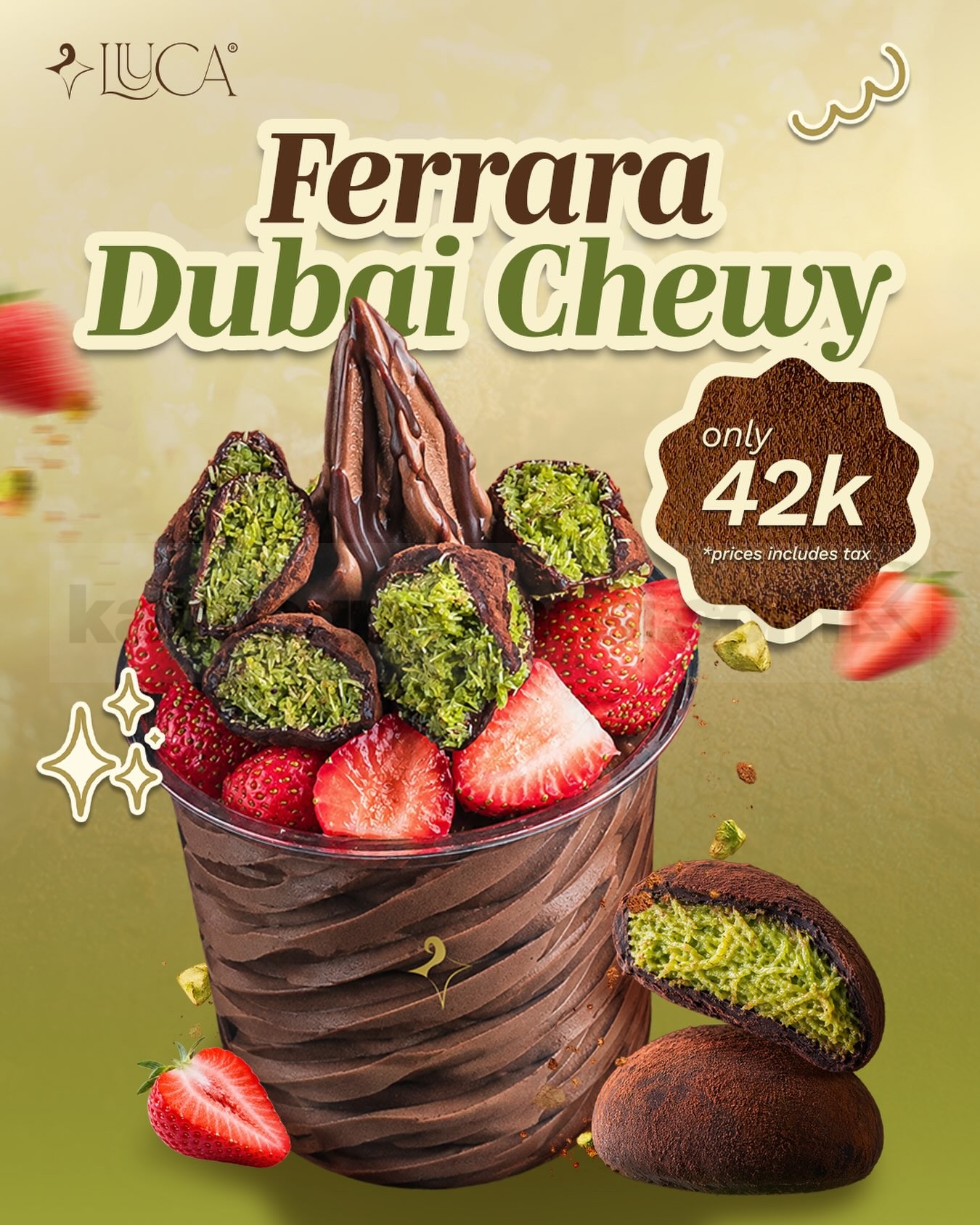 Promo Luuca NEW! Ferara Dubai Chewy Cup Rp. 42.000 Promo Luuca NEW! Ferara Dubai Chewy Cup Rp. 42.000 dengan dark chocolate soft serve dan Dubai kunafa