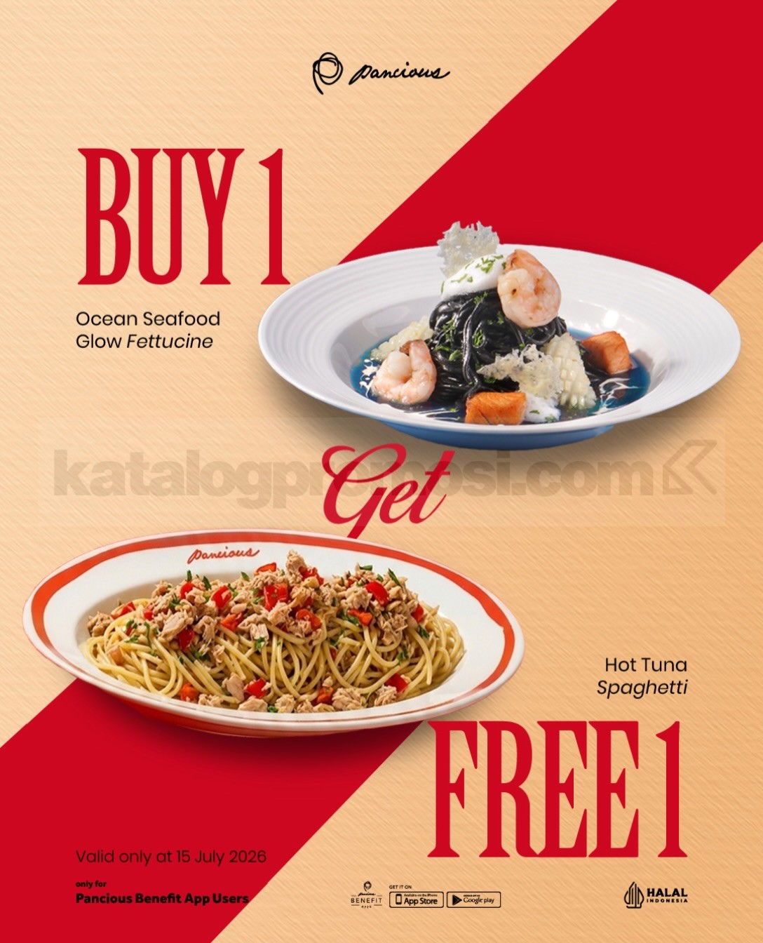 Promo Pancious Buy 1 Get 1 Ocean Seafood Glow Fettuccine Promo Pancious Buy 1 Get 1 Ocean Seafood Glow Fettuccine gratis Hot Tuna Spaghetti pada 15 Juli 2026.