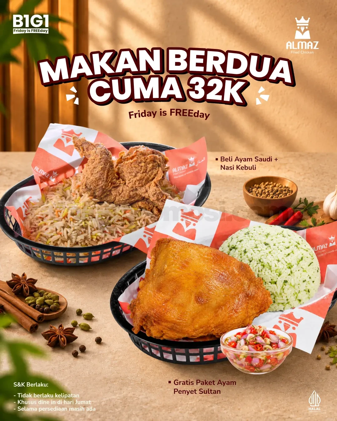 Promo Almaz Fried Chicken Friday is FREEday Makan Berdua Rp. 32.000 Promo Almaz Fried Chicken Friday is FREEday Makan Berdua Rp. 32.000 gratis Paket Ayam Penyet Sultan.