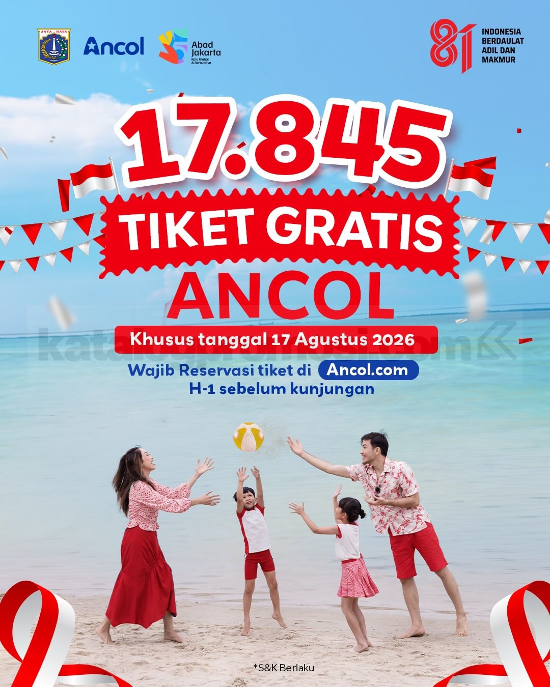 Promo Ancol 17 Agustus GRATIS Tiket Masuk - Ini Cara Pesannya ! Promo Ancol 17 Agustus GRATIS Tiket Masuk dengan kuota 17.845 tiket untuk kunjungan 17 Agustus 2026.