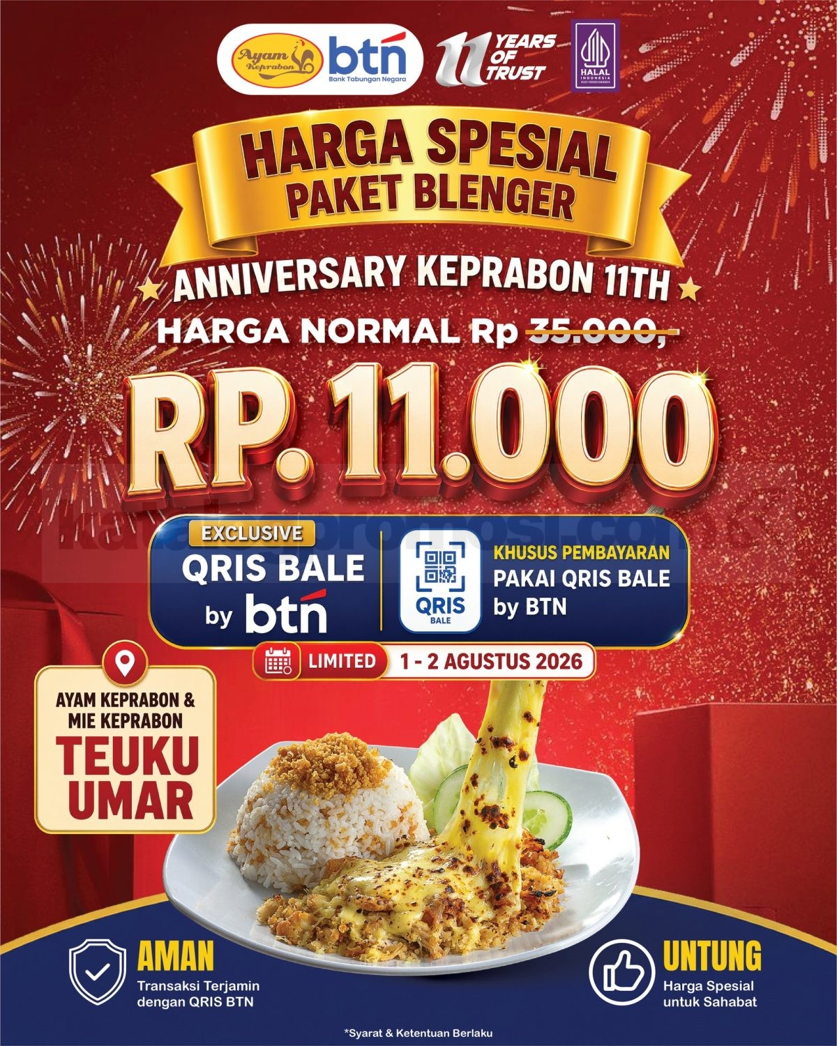 Promo Ayam Keprabon Anniversary Paket Blenger Rp. 11.000 Promo Ayam Keprabon Anniversary Paket Blenger Rp. 11.000 dengan pembayaran QRIS BALE by BTN di Teuku Umar.