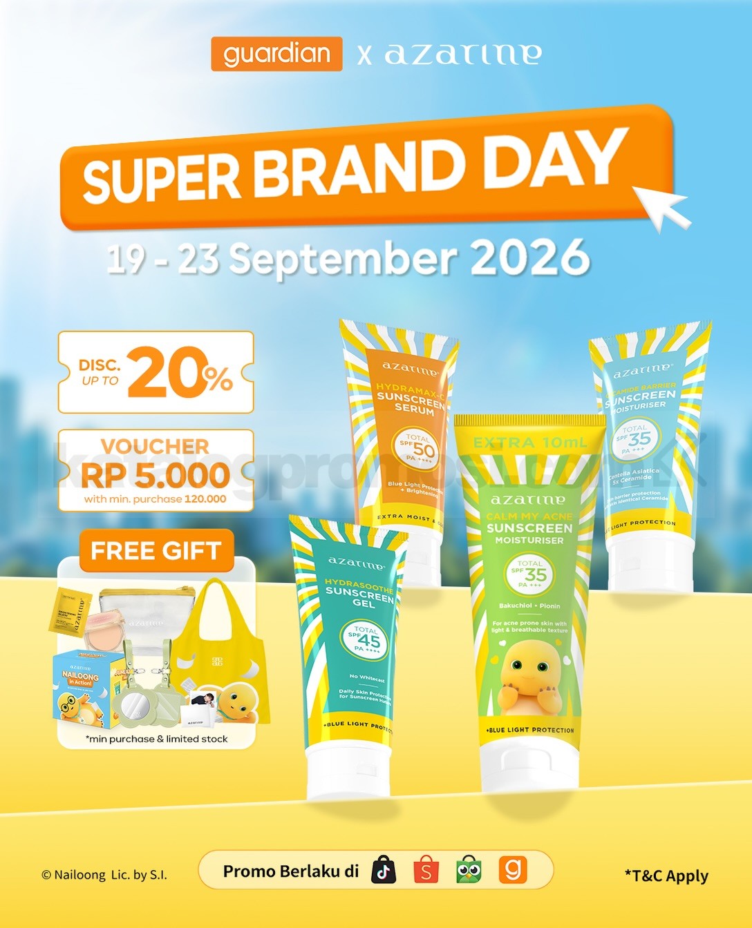 Promo Azarine Super Brand Day Diskon hingga 20% Promo Azarine Super Brand Day diskon hingga 20% dengan voucher Rp5.000 dan free gift di Guardian