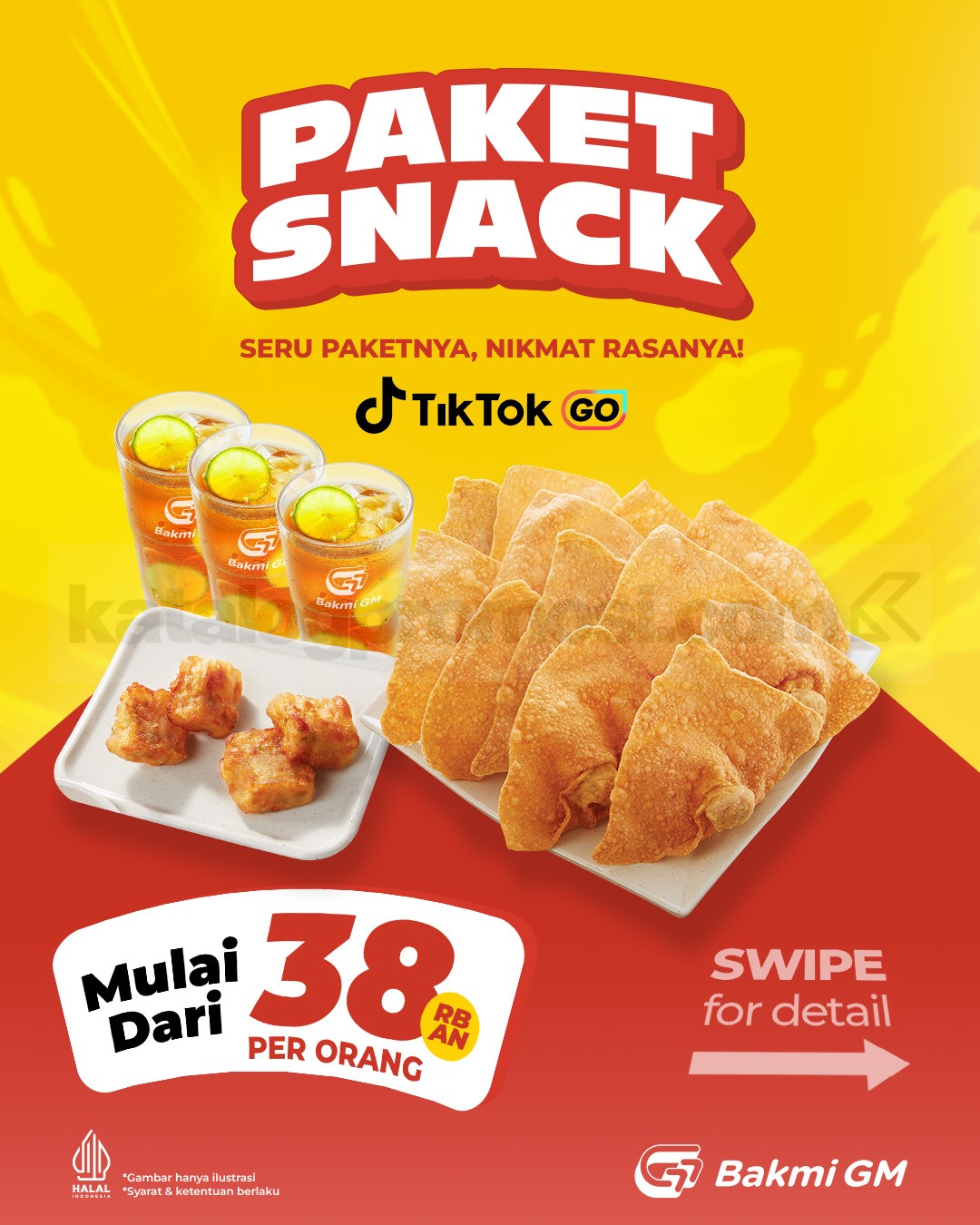 Promo Bakmi GM TikTok GO Snack Attack Mulai Rp38.000 Promo Bakmi GM TikTok GO Snack Attack mulai Rp38.000 dengan pilihan siomay ayam, lemon es teh, dan pangsit goreng.