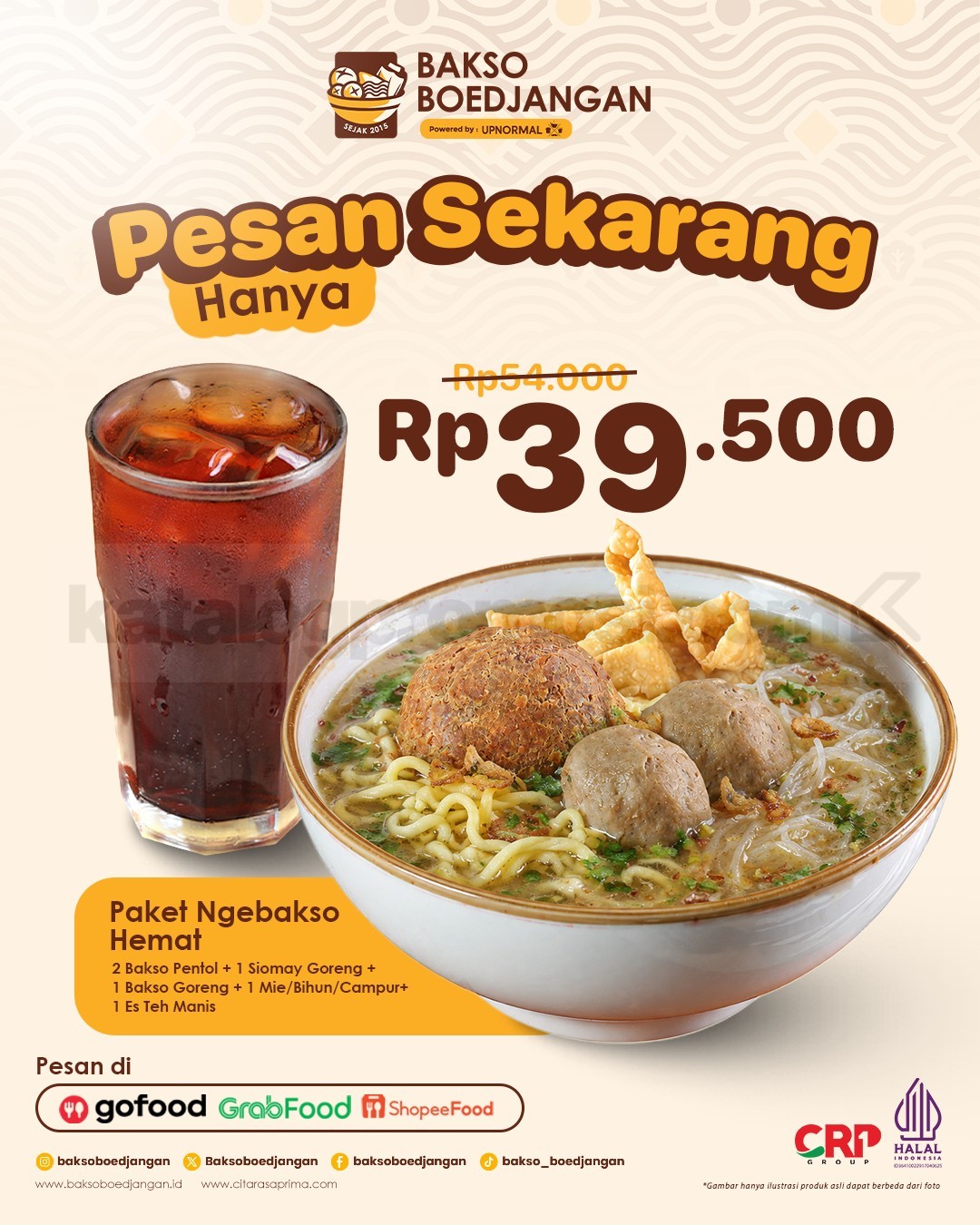 Promo Bakso Boedjangan Paket Ngebakso Hemat Rp39.500 Promo Bakso Boedjangan Paket Ngebakso Hemat Rp39.500 dengan bakso pentol, pelengkap, mi, dan es teh manis.