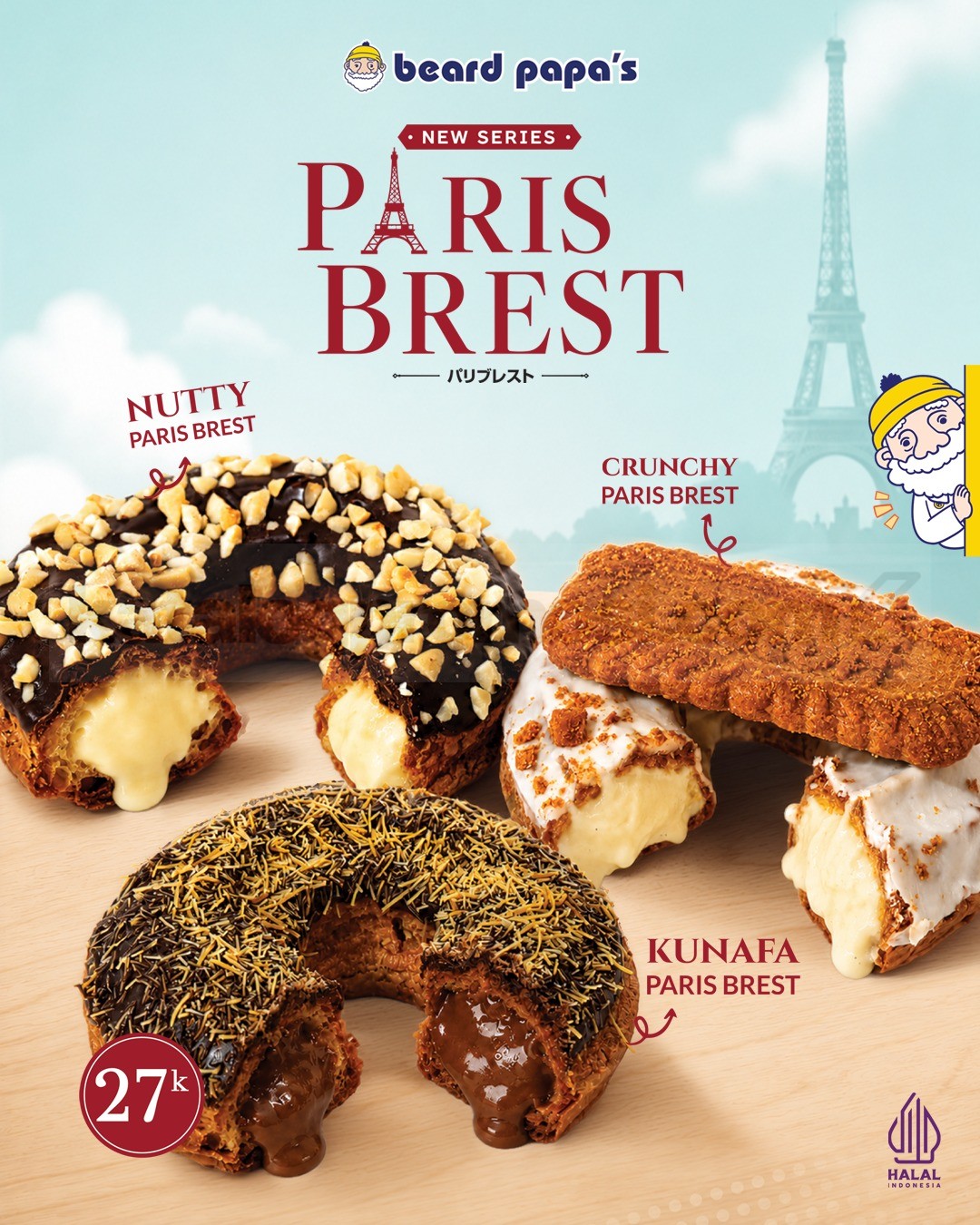 Promo Beard Papa's NEW! Paris Brest Rp. 27.000 Promo Beard Papa's NEW! Paris Brest Rp. 27.000 dengan tiga varian Paris Brest mulai 1 Agustus 2026.