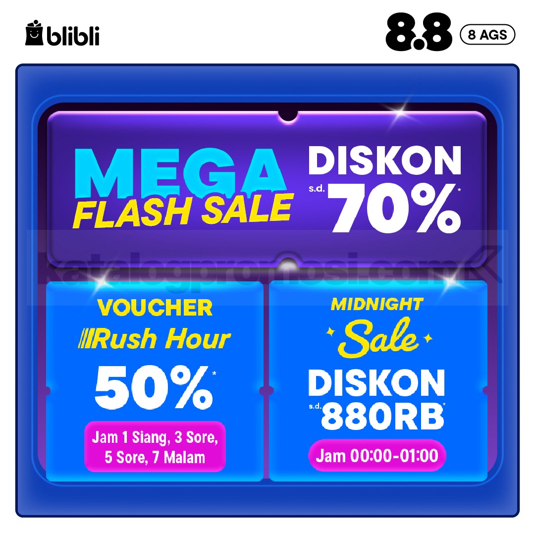 Promo Blibli 8.8 Diskon hingga 70% Promo Blibli 8.8 diskon hingga 70% dengan Mega Flash Sale dan voucher spesial