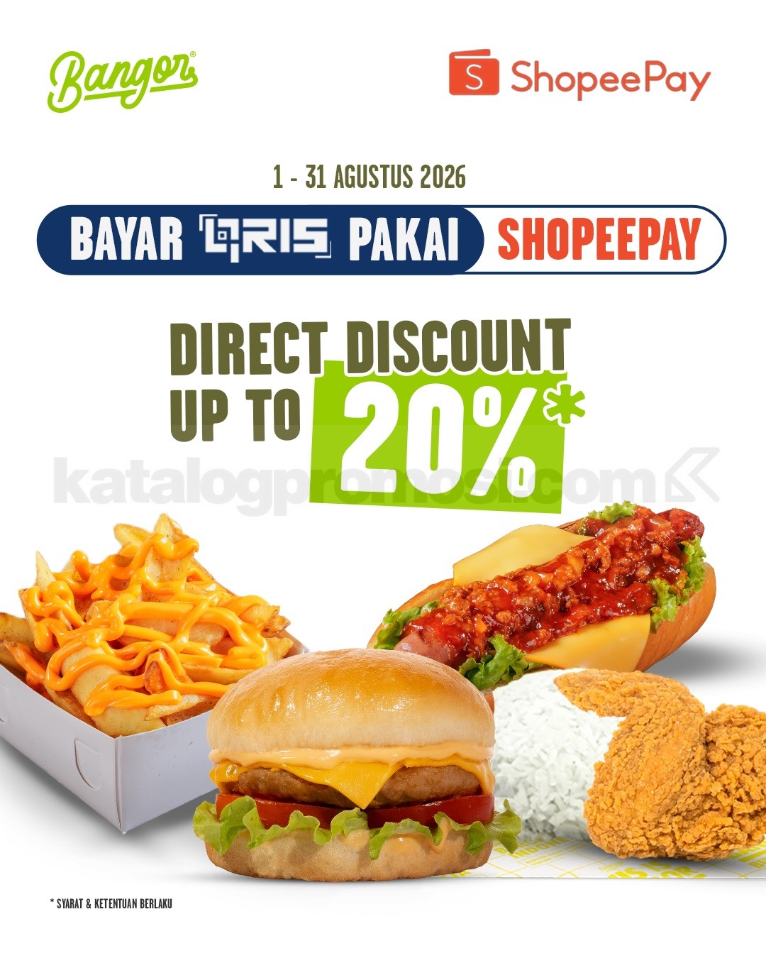Promo Burger Bangor ShopeePay Diskon Hingga 20% Promo Burger Bangor ShopeePay Diskon Hingga 20% dengan pembayaran QRIS selama Agustus 2026.