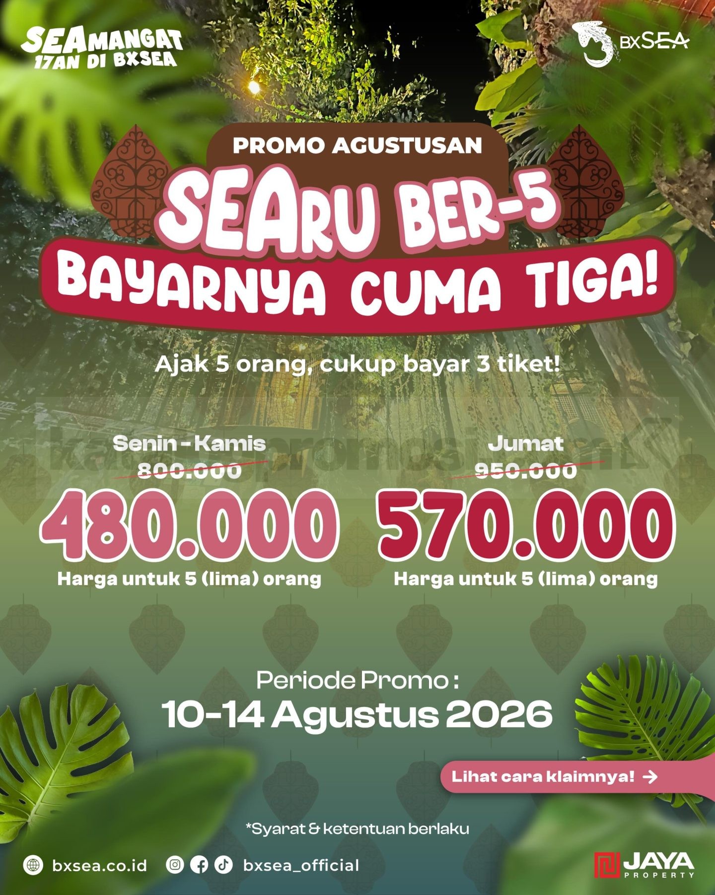 Promo BXSea SEARU Ber-5 Mulai Rp. 480.000 Promo BXSea SEARU Ber-5 mulai Rp. 480.000 untuk 5 orang selama 10–14 Agustus 2026
