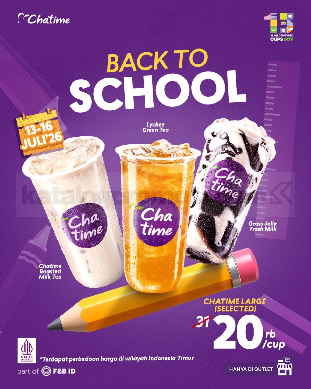 Promo Chatime Back to School Large Drink Rp. 20.000 Promo Chatime Back to School Large Drink Rp. 20.000 untuk Roasted Milk Tea, Lychee Green Tea, dan Grass Jelly Fresh Milk.