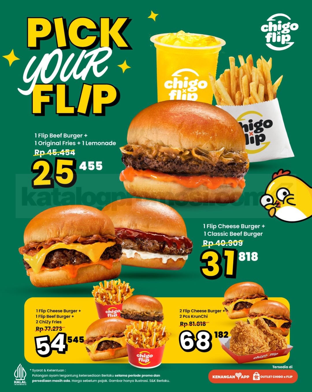 Promo Chigo x Flip Pick Your Flip Mulai Rp25.455 Promo Chigo x Flip Pick Your Flip dengan pilihan combo burger, fries, lemonade, dan harga mulai Rp25.455
