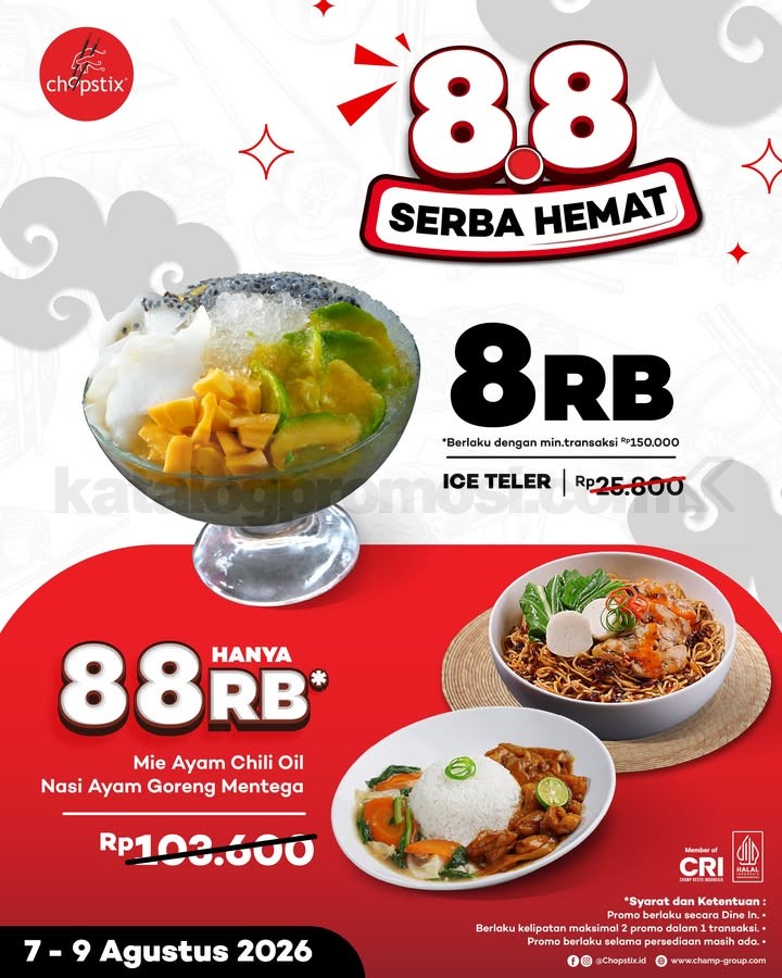 Promo Chopstix 8.8 Serba Hemat Mulai Rp. 8.000 Promo Chopstix 8.8 Serba Hemat Mulai Rp. 8.000 dengan Ice Teler dan paket menu favorit.