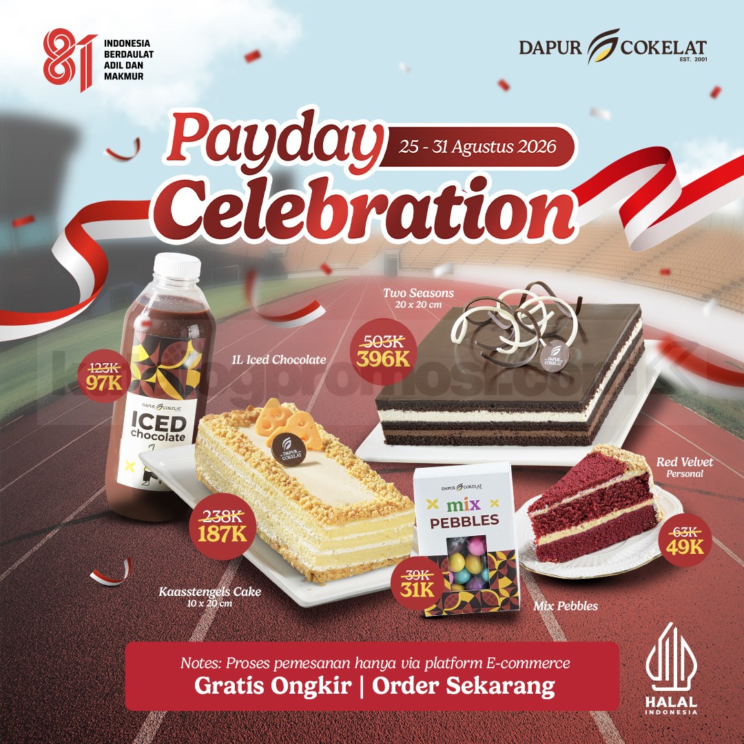 Promo Dapur Cokelat Payday Celebration Mulai Rp. 31.000 Promo Dapur Cokelat Payday Celebration Mulai Rp. 31.000 dengan pilihan cake, minuman, dan camilan.