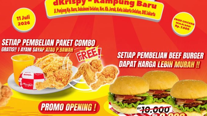 Promo dKrispy Fried Chicken Grand Opening Kampung Baru Promo dKrispy Fried Chicken Grand Opening Kampung Baru dengan promo combo gratis ayam, Beef Burger Rp. 8.000, dan Serba Goceng.
