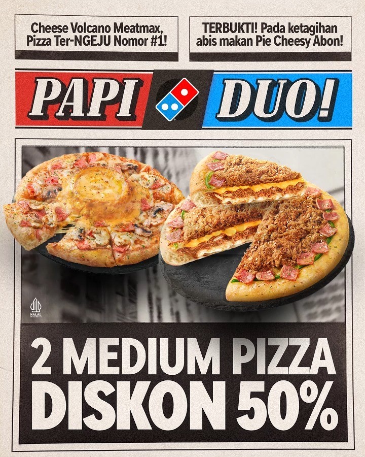 Promo Domino's Papi Duo 2 Medium Pizza Diskon 50% Promo Domino's Papi Duo 2 Medium Pizza Diskon 50% dengan harga Rp50.000 per pizza melalui Domino's App.
