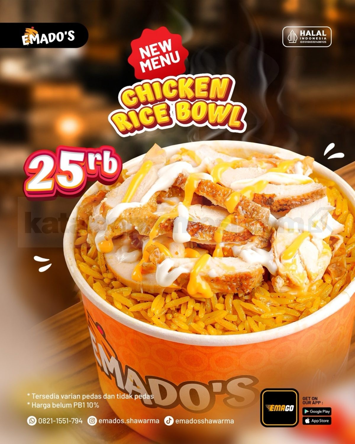 Promo Emado's NEW! Chicken Rice Bowl Rp. 25.000 Promo Emado's NEW! Chicken Rice Bowl Rp. 25.000 dengan pilihan nasi mandhi, kabsah, dan biryani di seluruh outlet.