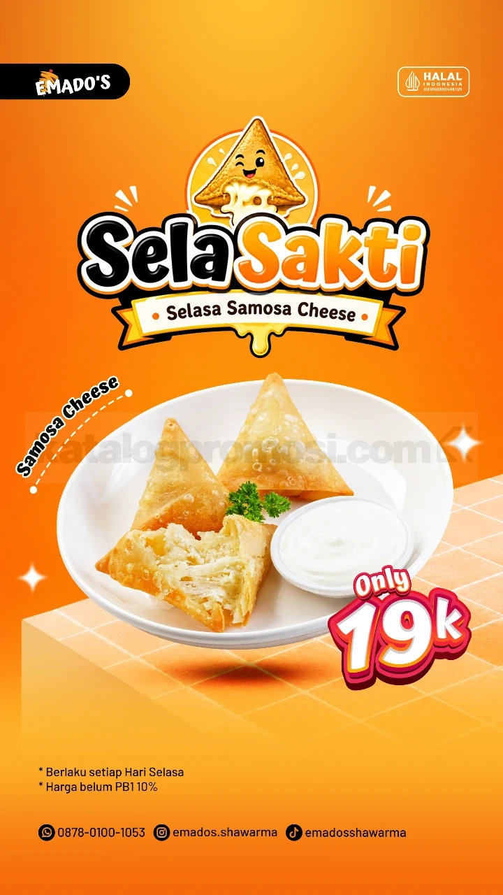 Promo Emado's SelaSakti 3 Samosa Cheese Rp19.000 Promo Emado's SelaSakti 3 Samosa Cheese Rp19.000 setiap hari Selasa.