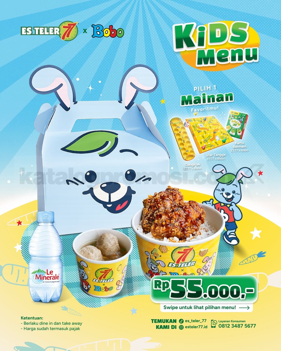 Promo Es Teler 77 x Bobo Kids Menu Rp. 55.000 Promo Es Teler 77 x Bobo Kids Menu Rp55.000 dengan enam pilihan menu dan bonus mainan anak.