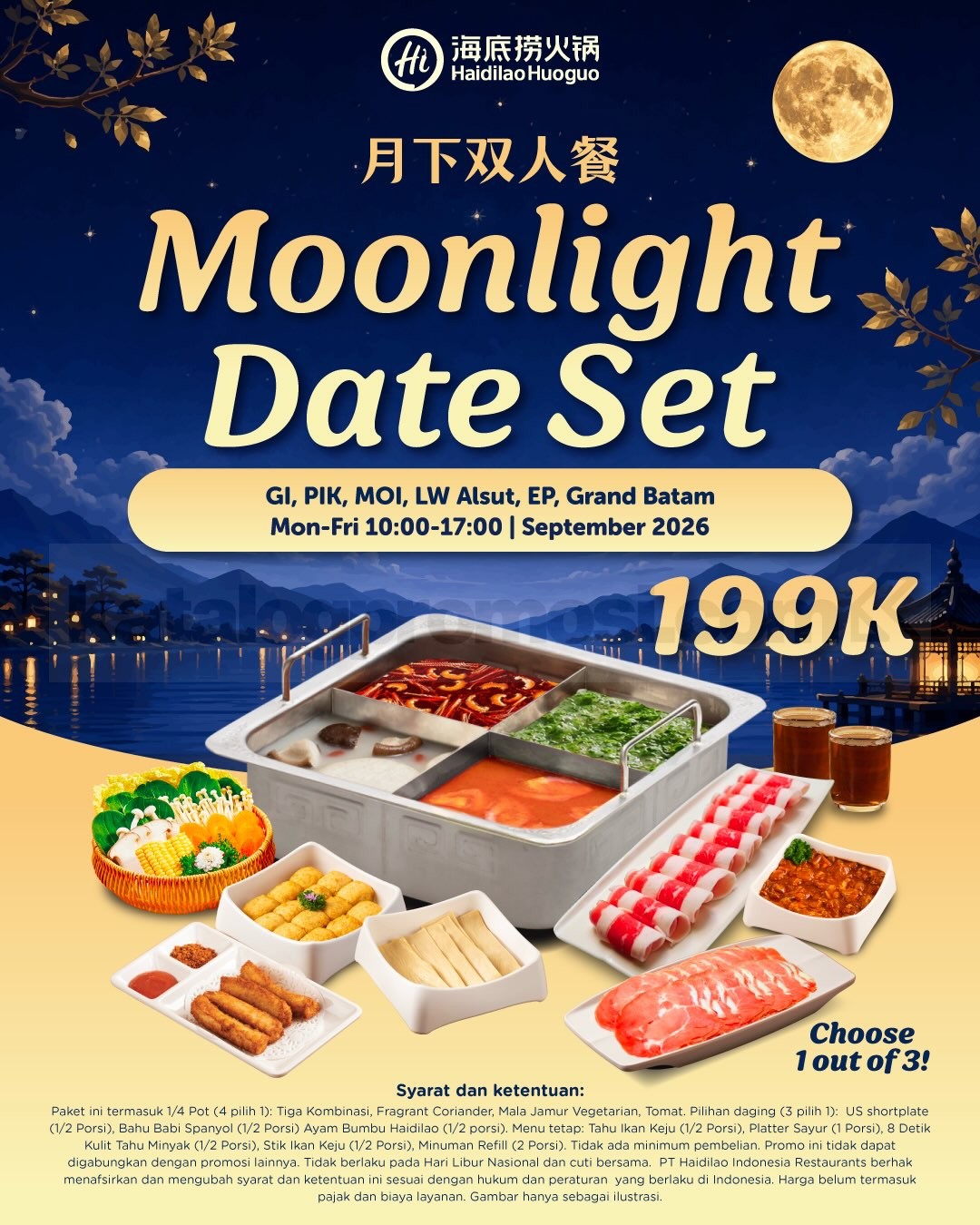Promo Haidilao Moonlight Date Set Hotpot Berdua Rp. 199.000 Promo Haidilao Moonlight Date Set Hotpot Berdua Rp. 199.000 dengan pilihan menu untuk dua orang
