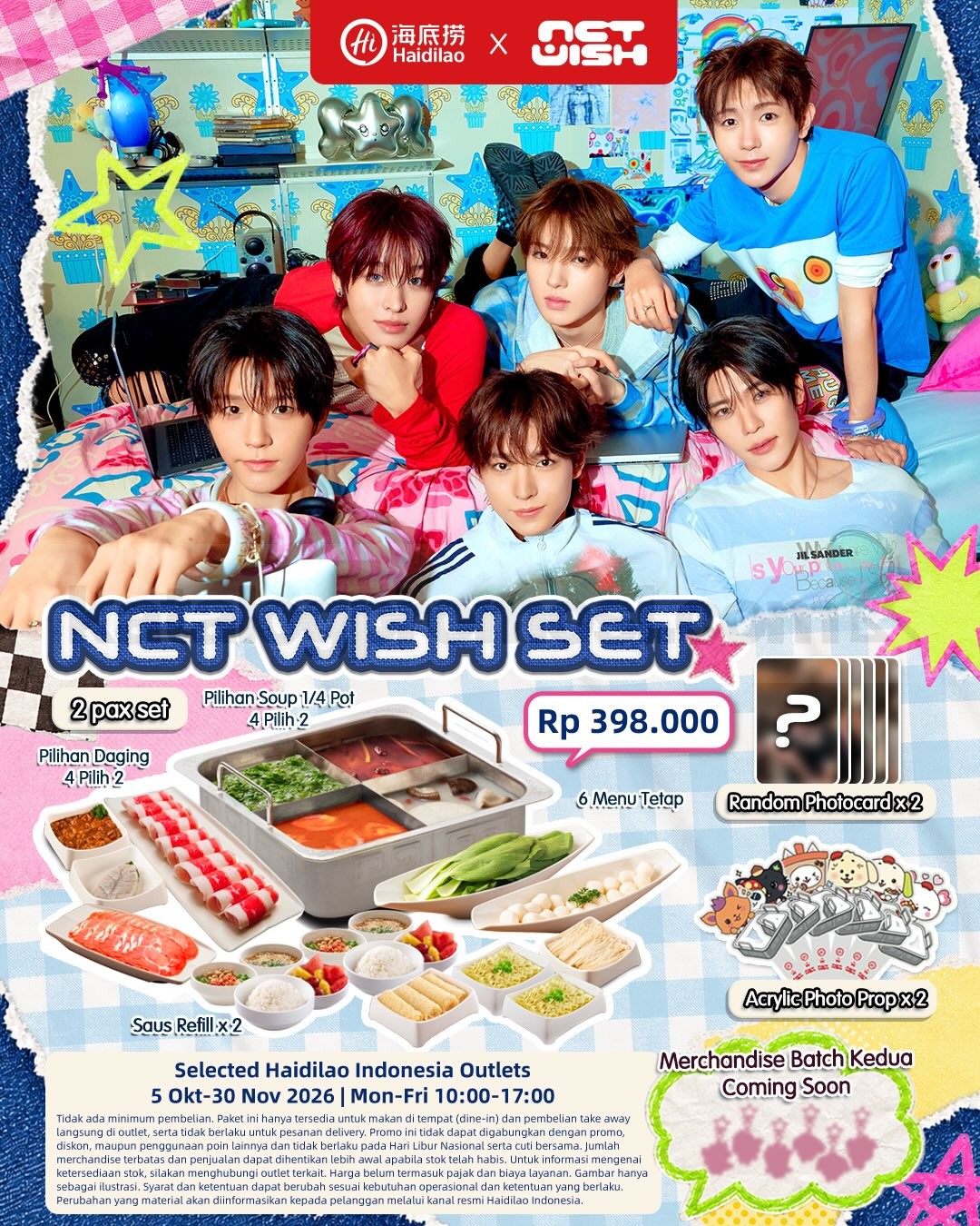 Promo Haidilao x NCT WISH Set Rp398.000 + Merchandise Promo Haidilao x NCT WISH Set Rp398.000 dengan photocard dan acrylic photo prop
