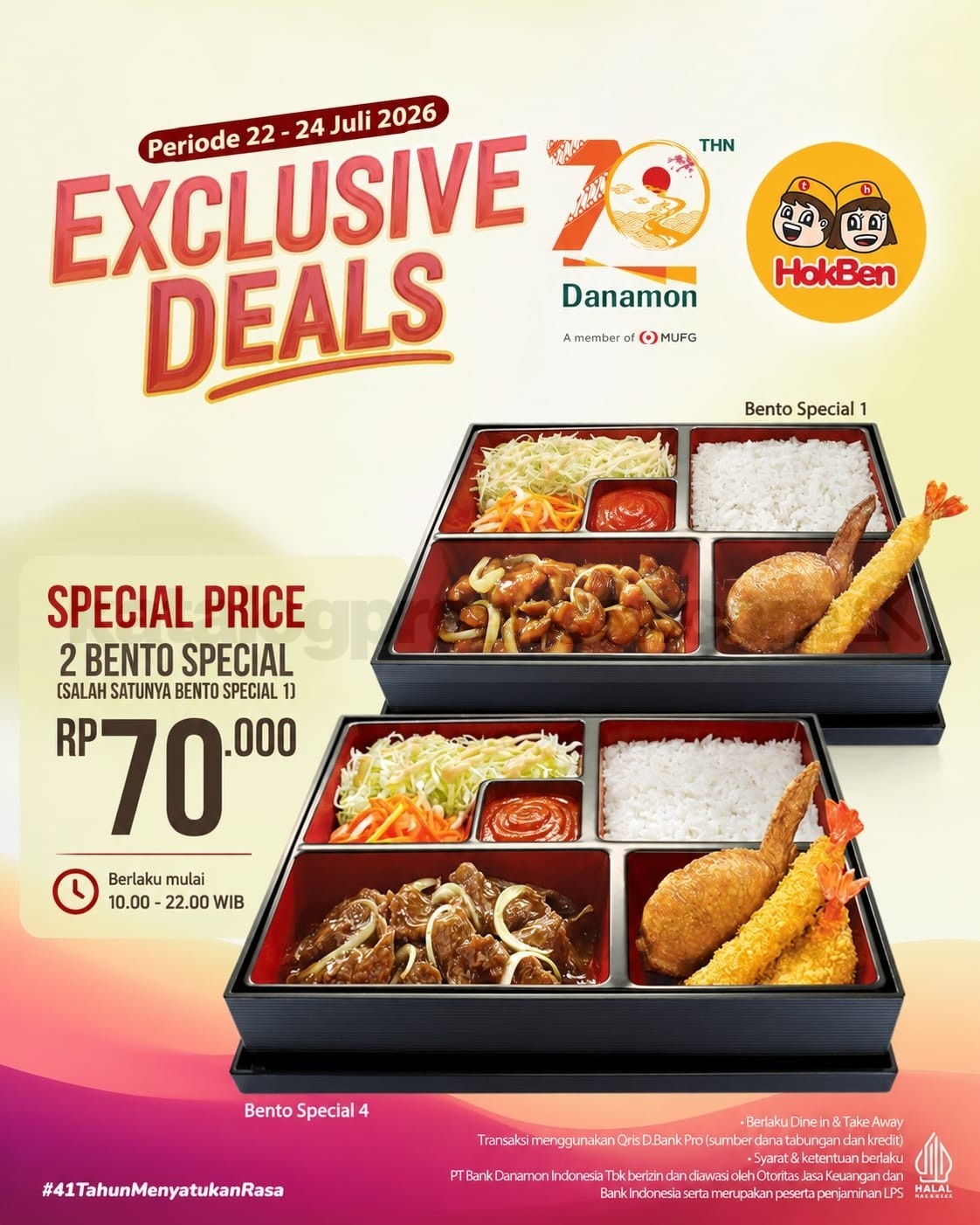 Promo HokBen Danamon 70th Anniversary 2 Bento Special Rp70.000 Promo HokBen Danamon 70th Anniversary 2 Bento Special Rp70.000 dengan pembayaran QRIS D-Bank PRO.