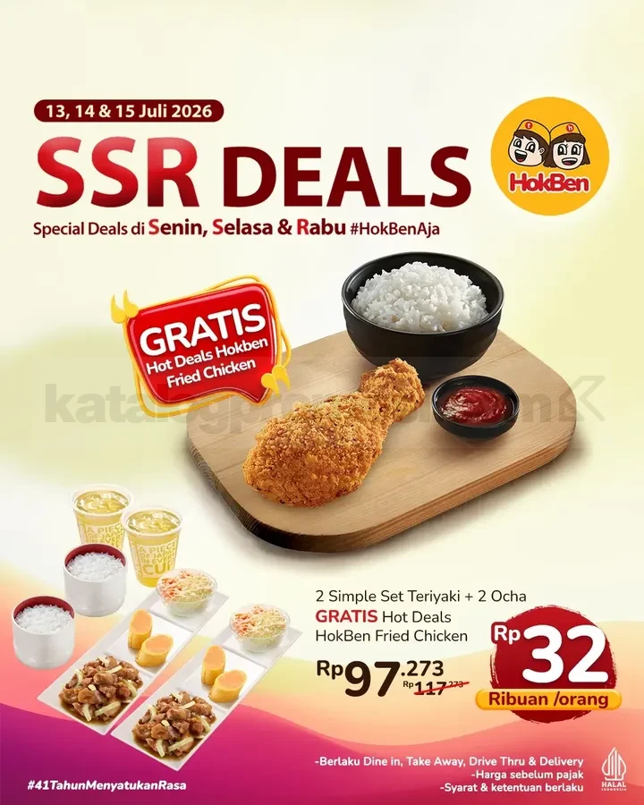 Promo HokBen SSR Deals Paket Hemat Mulai Rp. 32 ribuan Promo HokBen SSR Deals Paket Hemat Mulai Rp. 32 ribuan dengan bonus HokBen Fried Chicken untuk pembelian paket tertentu.