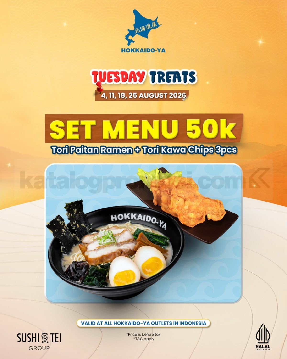 Promo Hokkaido-Ya Tuesday Treats Set Menu Rp50.000 Promo Hokkaido-Ya Tuesday Treats Set Menu Rp50.000 dengan Tori Paitan Ramen dan Tori Kawa Chips 3 pcs.