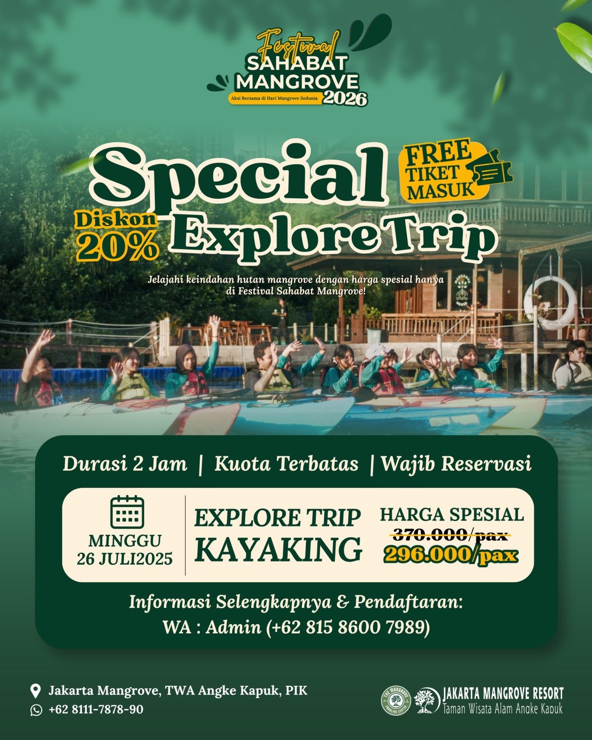 Promo Jakarta Mangrove Special Explore Trip Kayaking Diskon 20% Promo Jakarta Mangrove Special Explore Trip Kayaking Diskon 20% pada Festival Sahabat Mangrove 2026.