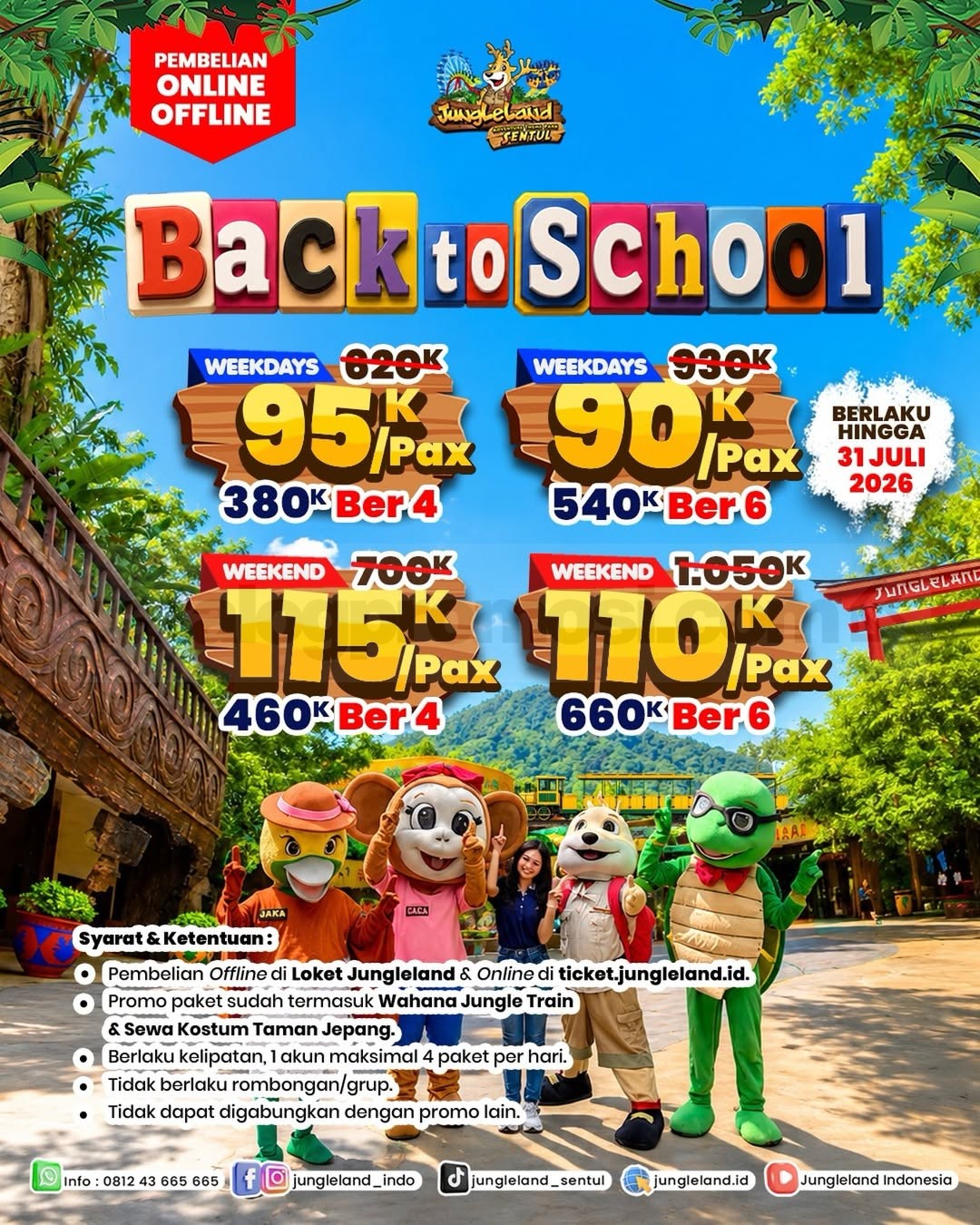 Promo JungleLand Back to School Tiket Mulai Rp. 90.000 Promo JungleLand Back to School Tiket Mulai Rp. 90.000 untuk paket keluarga weekdays dan weekend.