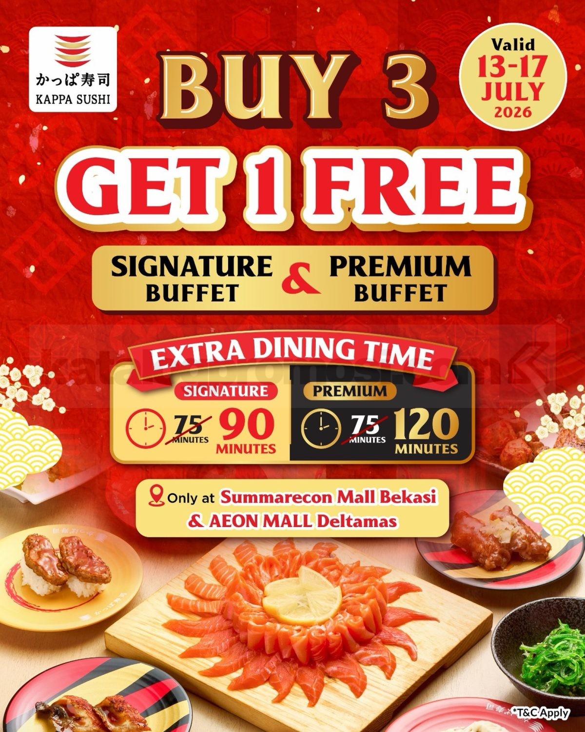Promo Kappa Sushi Buy 3 Gratis 1 Buffet Promo Kappa Sushi Buy 3 Gratis 1 Buffet di Summarecon Mall Bekasi dan AEON Mall Deltamas.