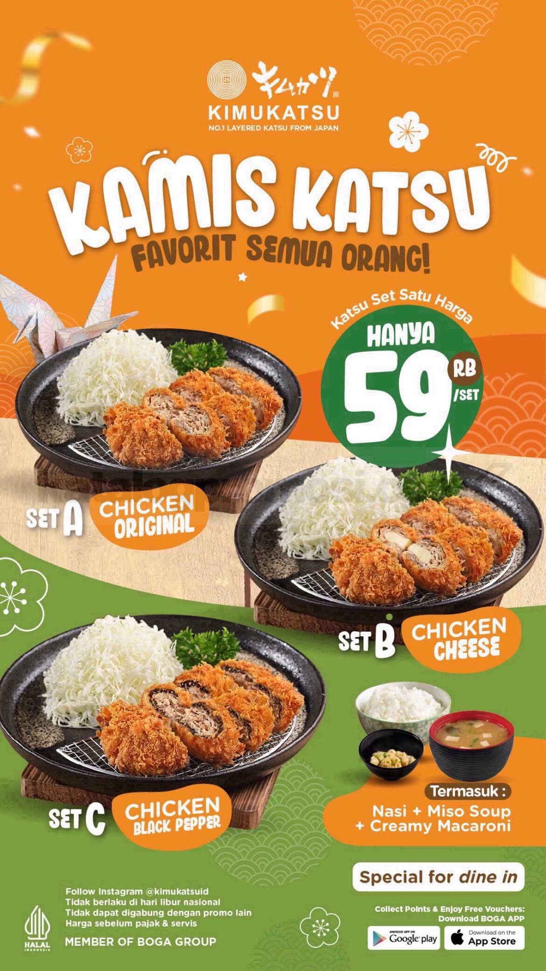 Promo Kimukatsu Kamis Katsu Set Menu Rp59.000 Promo Kimukatsu Kamis Katsu Set Menu Rp59.000 dengan pilihan Chicken Original, Chicken Cheese, dan Chicken Black Pepper.