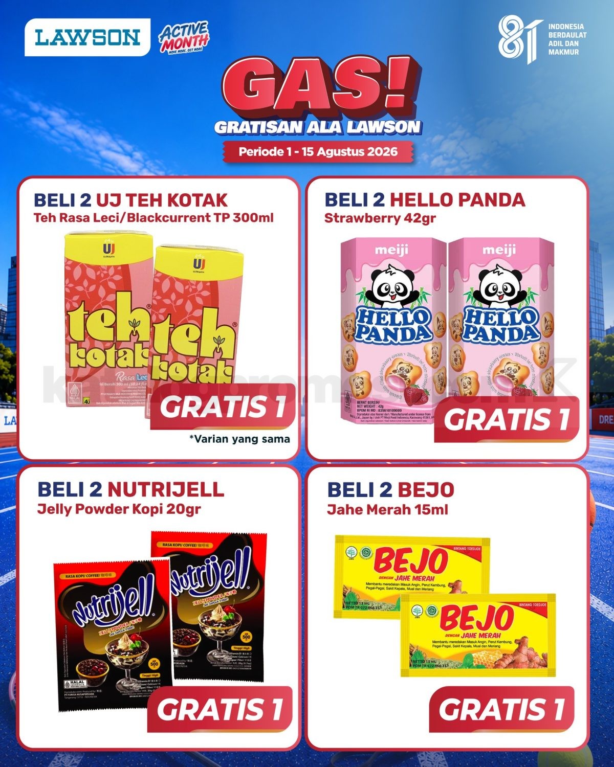 Promo Lawson GAS! Gratisan Beli 2 Gratis 1 Promo Lawson GAS! Gratisan beli 2 gratis 1 untuk Teh Kotak, Hello Panda, Nutrijell, dan Bejo Jahe Merah.