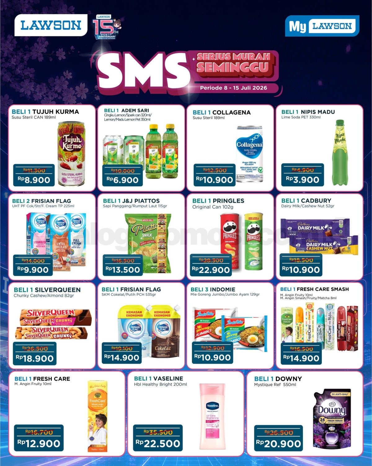 Promo Lawson SMS Serius Murah Seminggu 08-15 Juli 2026 Promo Lawson SMS Serius Murah Seminggu mulai Rp. 3.900 untuk snack, minuman, dan kebutuhan harian.