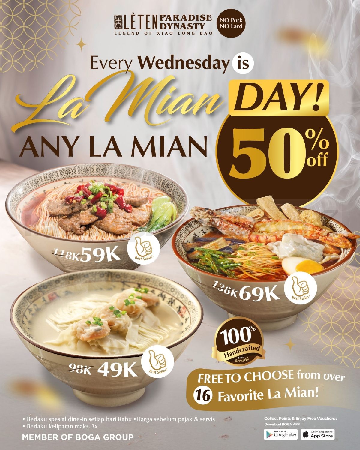 Promo Lèten Paradise Dynasty La Mian Day Diskon 50% Promo Lèten Paradise Dynasty La Mian Day diskon 50 persen setiap hari Rabu.