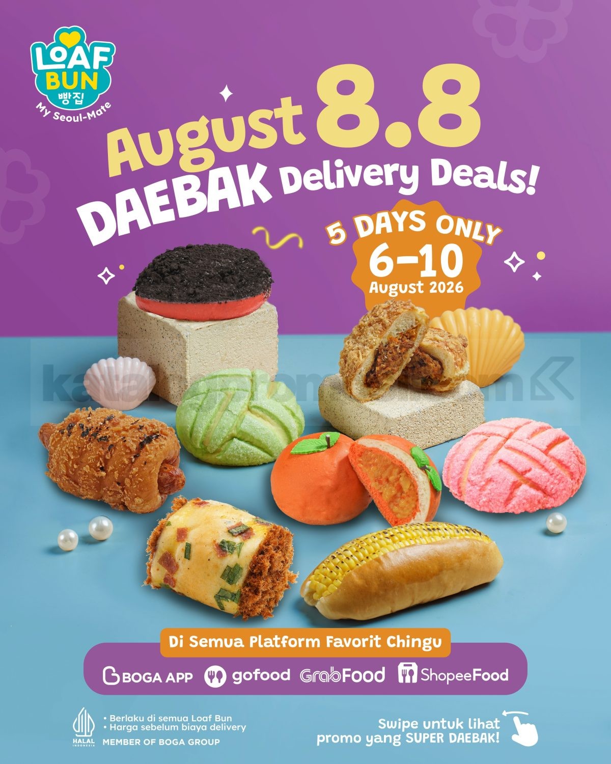 Promo Loaf Bun August 8.8 Delivery Deals Mulai Rp. 8.800 Promo Loaf Bun August 8.8 Delivery Deals mulai Rp. 8.800 untuk roti, minuman, dan paket Signature K-BUNS.