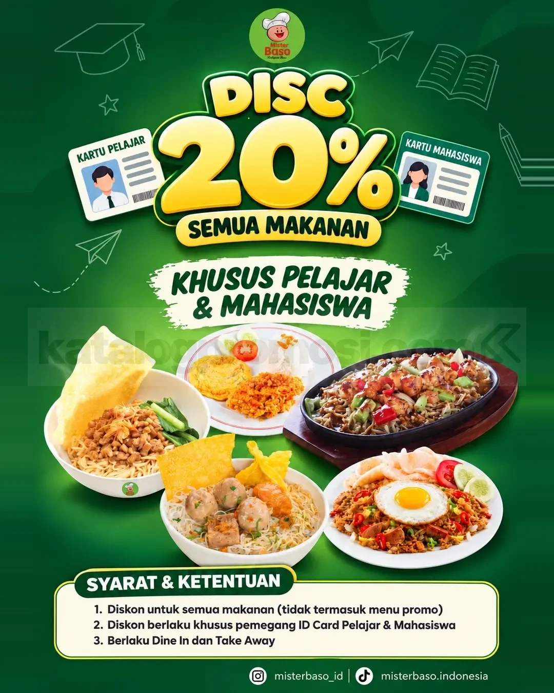 Promo Mister Baso Diskon 20% untuk Pelajar dan Mahasiswa Promo Mister Baso Diskon 20% untuk Pelajar dan Mahasiswa dengan kartu pelajar atau mahasiswa.