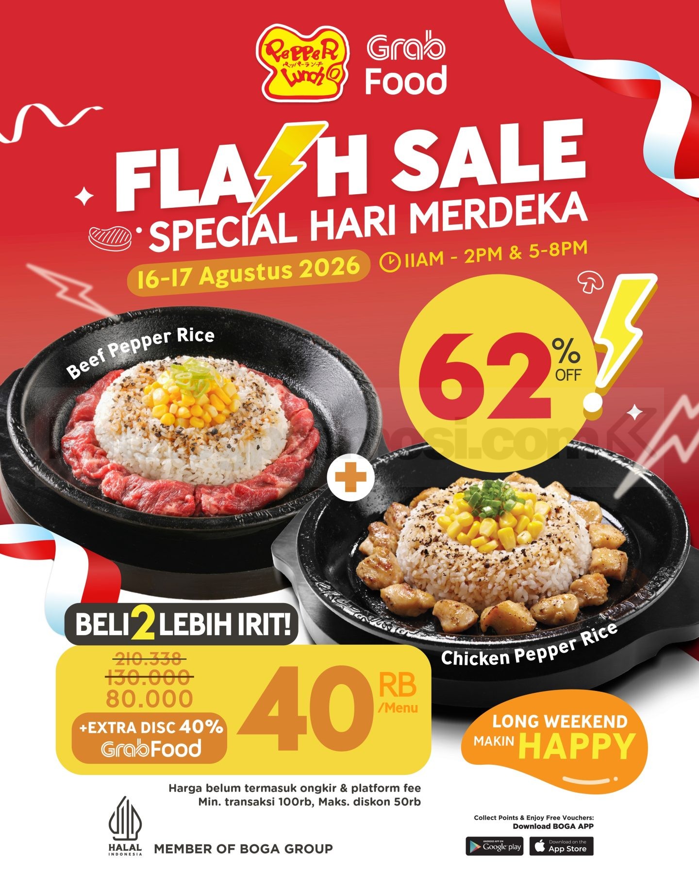 Promo Pepper Lunch GrabFood Flash Sale Merdeka hingga 62% Promo Pepper Lunch GrabFood Flash Sale Merdeka diskon hingga 62% selama 16–17 Agustus 2026.