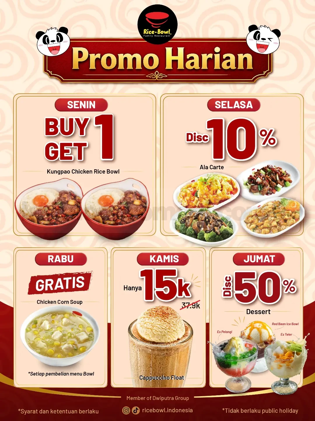 Promo Rice Bowl Daily Menu Favorit Diskon Hingga 50% Promo Rice Bowl Daily Menu Favorit Diskon Hingga 50% dengan penawaran berbeda setiap Senin sampai Jumat