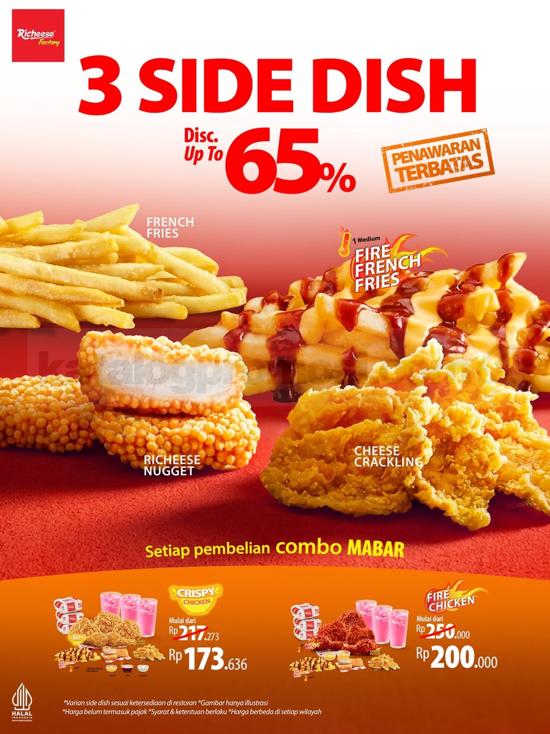 Promo Richeese Factory 3 Side Dish Diskon Hingga 65% Promo Richeese Factory 3 Side Dish Diskon Hingga 65% untuk pembelian Combo Mabar hingga 06 Agustus 2026.